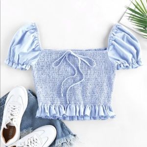 ZAFUL Smocked Bowknot Puff Sleeve Ruffle Blouse